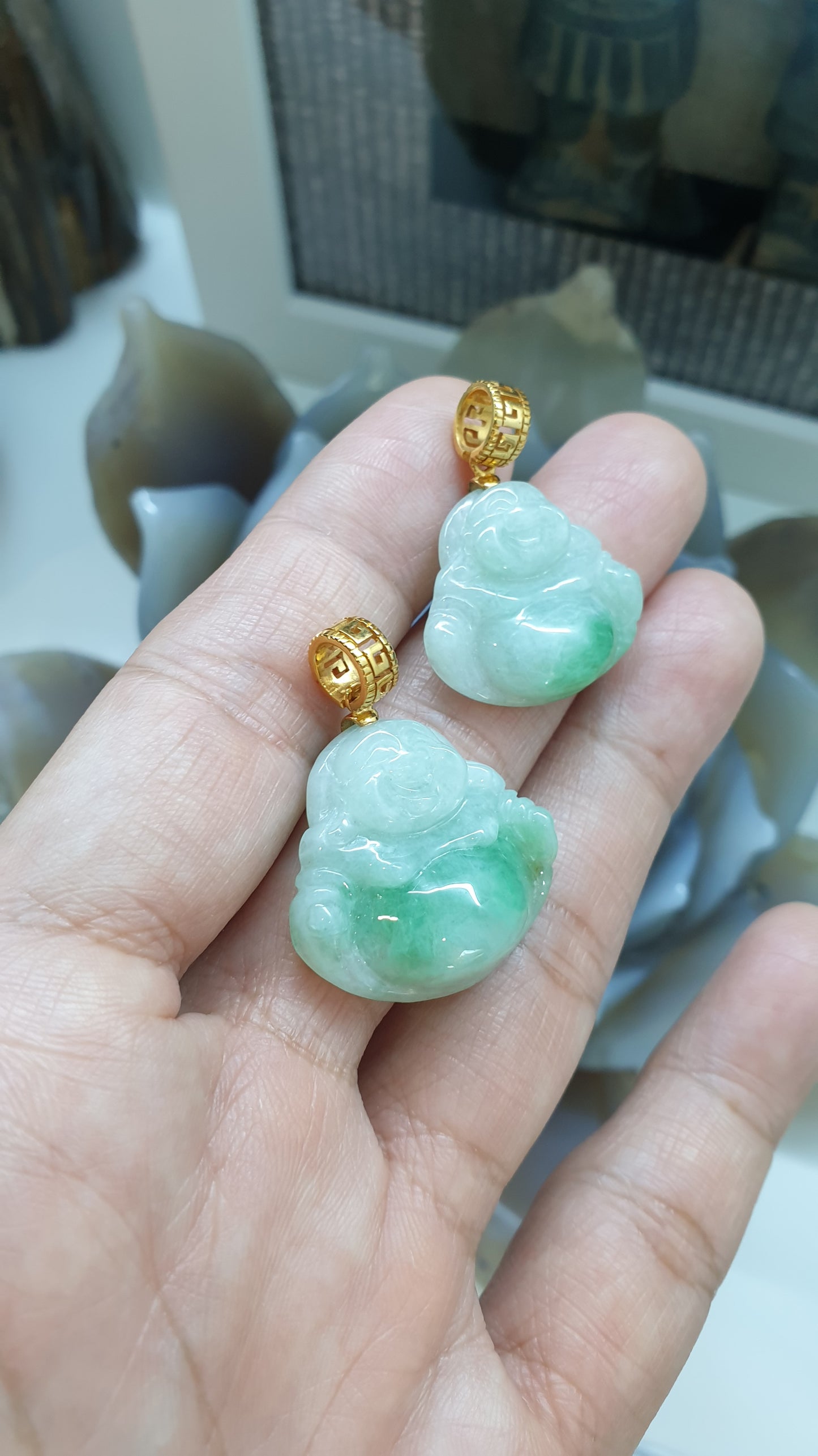 Moss in Snow Jade Happy Buddha Pendant | Solid 18K Gold | Wealth & Fortune Jewelry