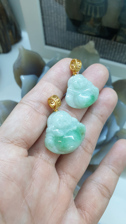 Moss in Snow Jade Happy Buddha Pendant | Solid 18K Gold | Wealth & Fortune Jewelry
