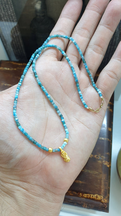 24K Gold Pixiu in Beaded Necklace (16") (Selection) | Pure 24K Gold Pixiu & 9K Gold Lobster | Natural Gem Beads