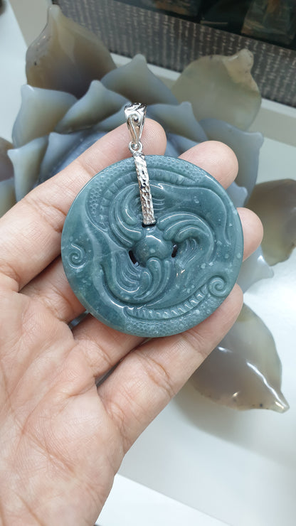 Fire-Breathing Dragon Pendant | Fei Cui - Natural Blue Jadeite | Authentic Sterling Silver