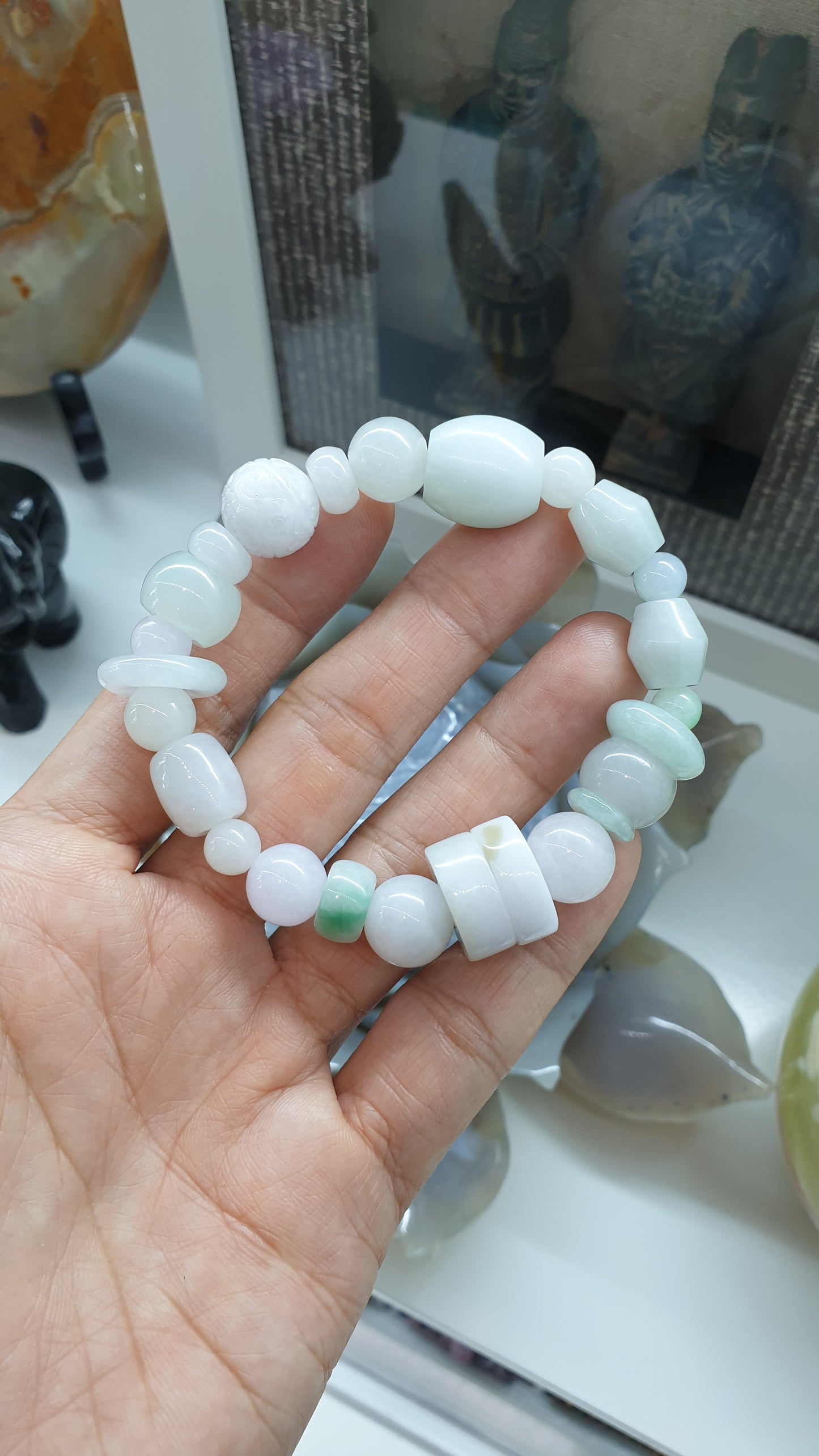 Natural White Jade 17cm Bracelet - Type A Myanmar Jadeite Mixed Beads