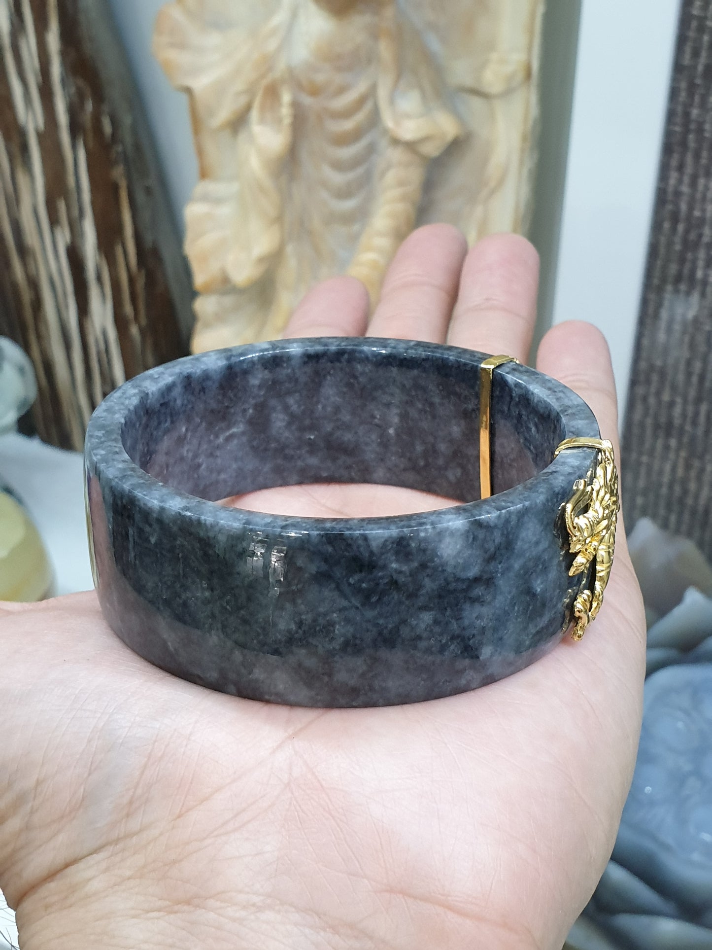 Fortune Dragon on Black Jade Bangle (S 63) | Sterling Silver | Type A Natural Jadeite | Statement Wrist Accessory