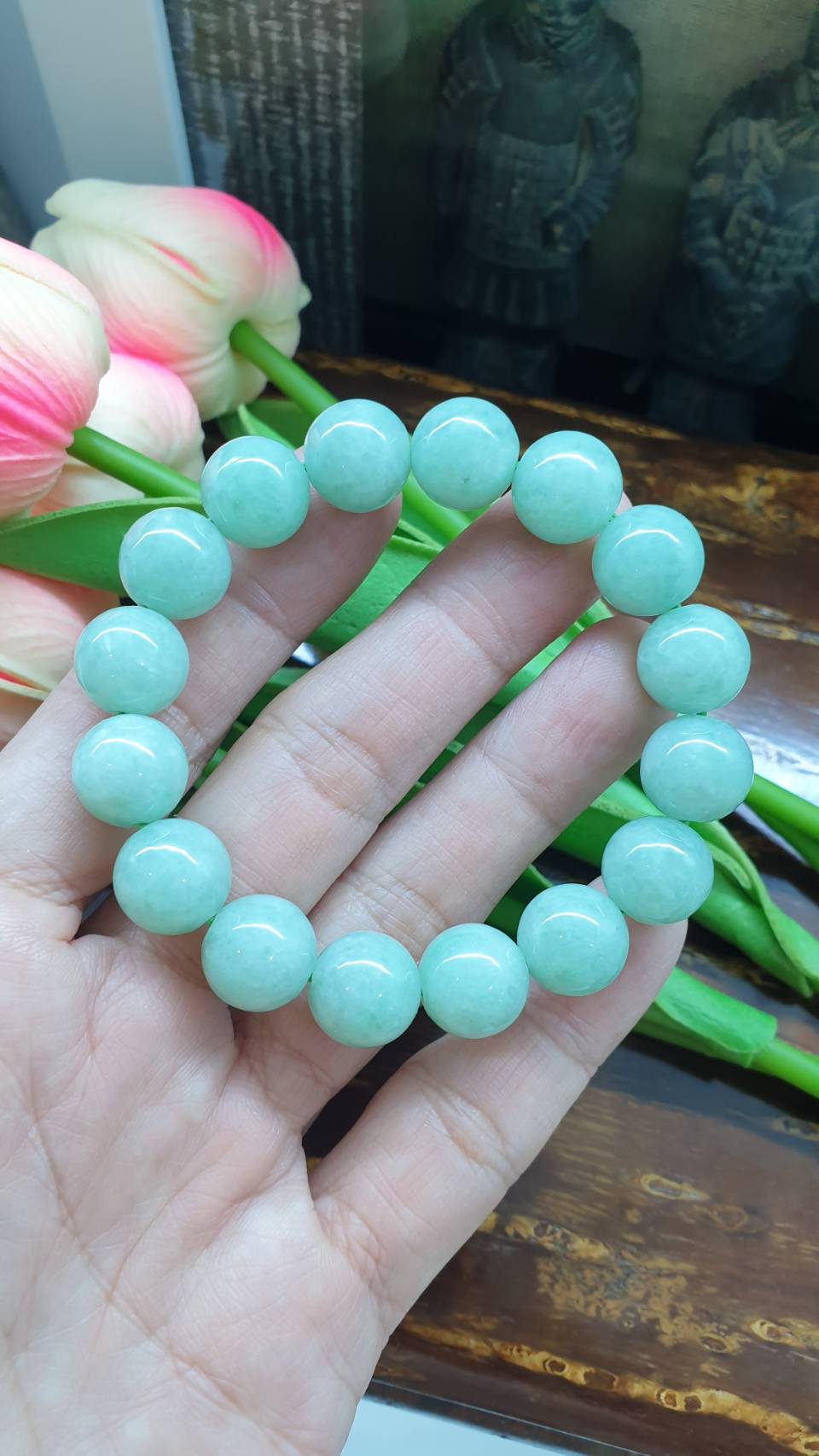 Apple Green Jadeite Bracelet with 12.5mm Beads - Type A Natural Jadeite