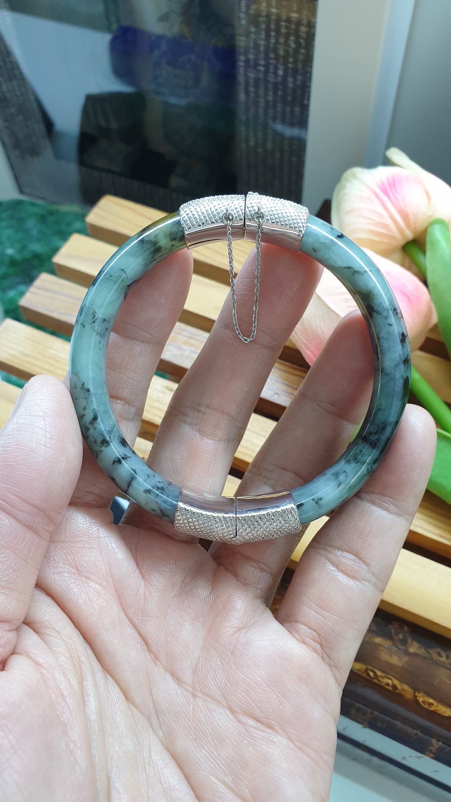 Jade Split Bangle S57 Type A Natural Blue Jadeite Sterling Silver Designer Locks