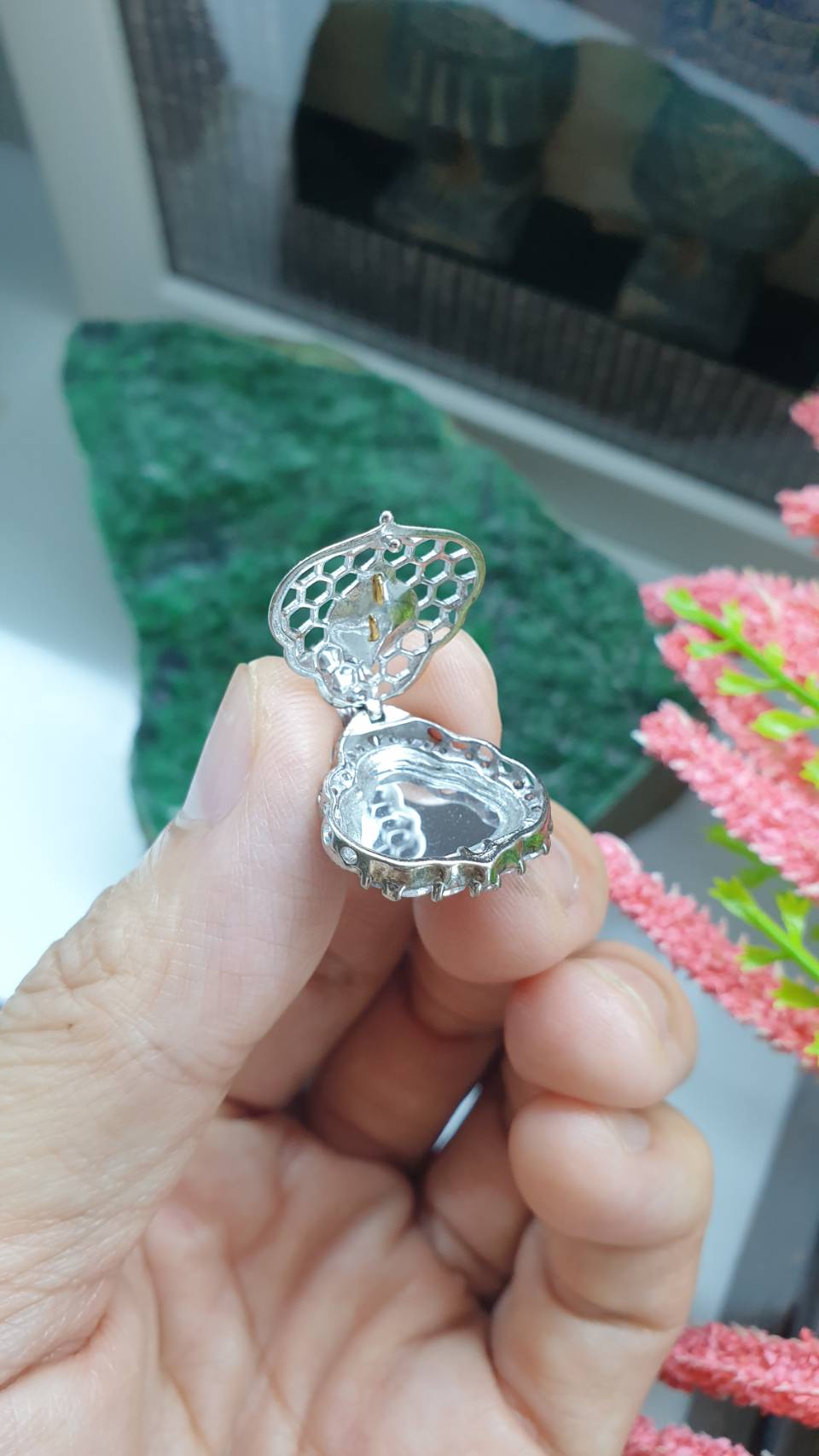 Happy Buddha Sterling Silver Locket Pendant Icy Blue Jade Type A Natural Jadeite