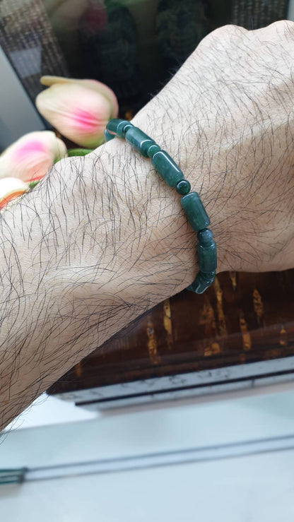 Jade Cylinder Beads Bracelet (16 cm - 17 cm) | Type A Natural Blue-Green Jadeite | His or Hers Wrist Accessory
