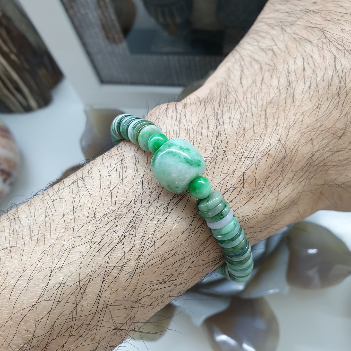 Stacked Ping An Kou Jade Bracelet | Moss in Snow Barrel Bead Charm | His or Hers Natural Jadeite Bracelet with Deep Meanings