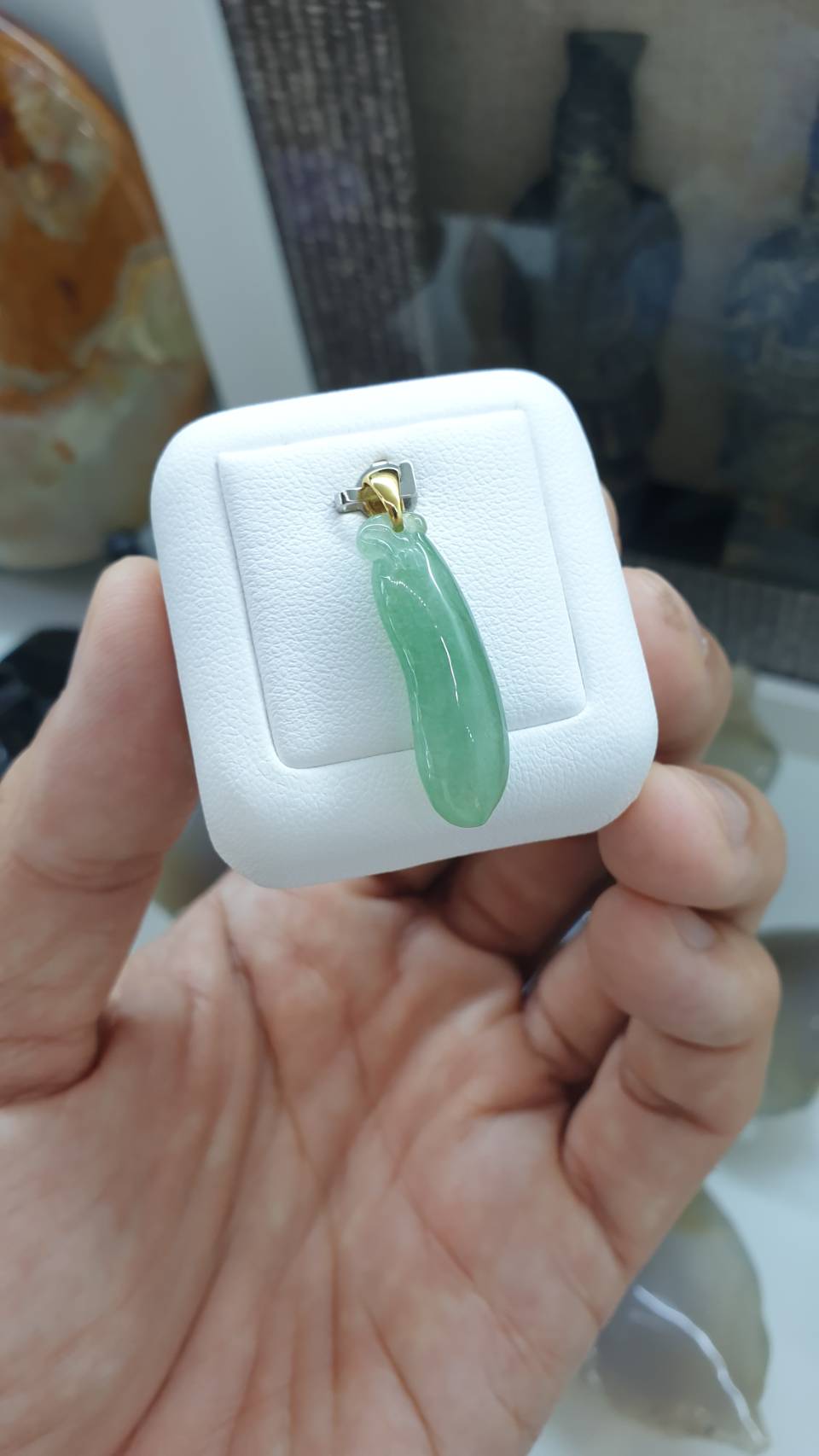 Jade Pea Pod Lucky Charm Pendant | 18K Gold Bail | Icy Green Type A Jadeite