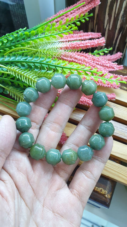 Lotus Jade Bracelet 17cm Natural Green Type A Myanmar Jadeite 12mm Beads