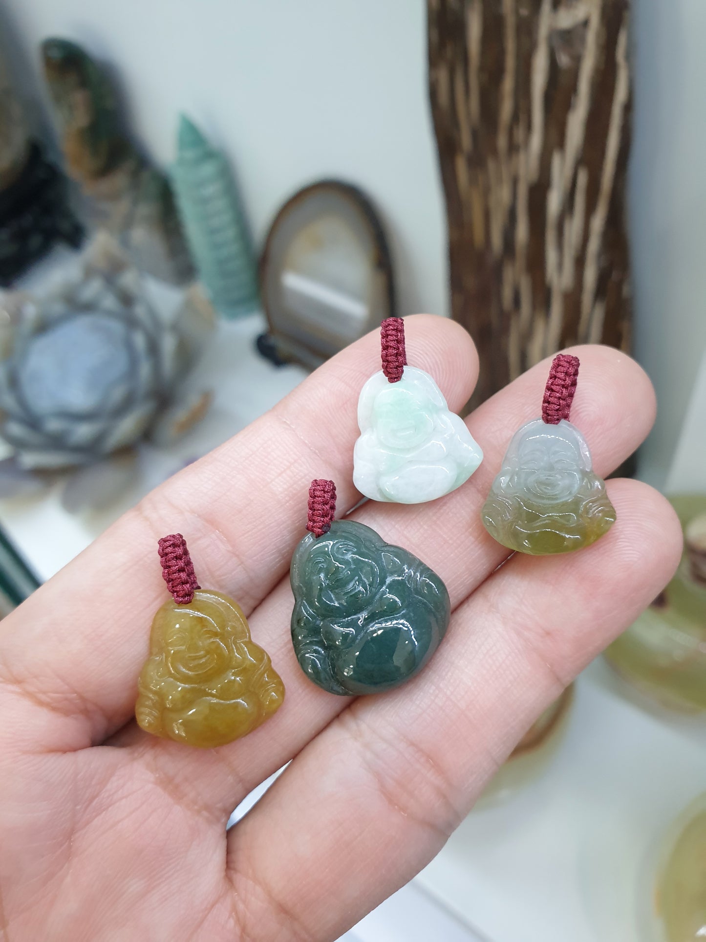 Jade Happy Buddha Pendant | Fei Cui - Type A Jadeite | Handwoven Thread Bail