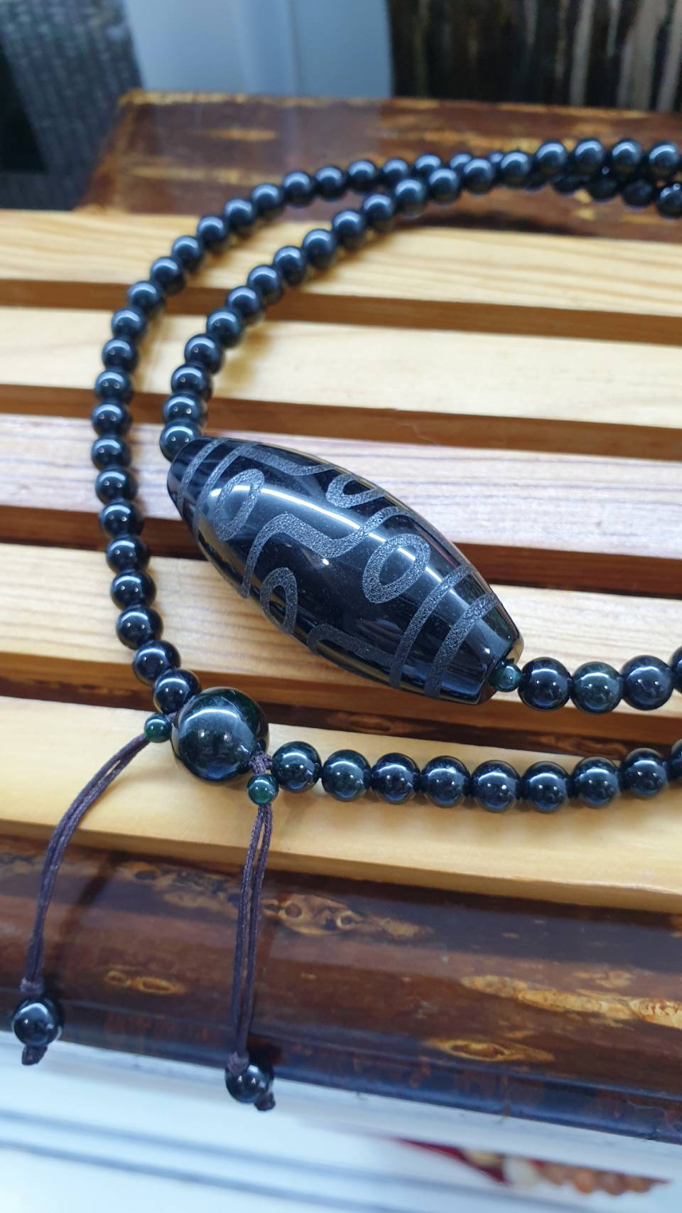Black Jade Dzi Necklace 26 inch Type A Natural Myanmar Jadeite