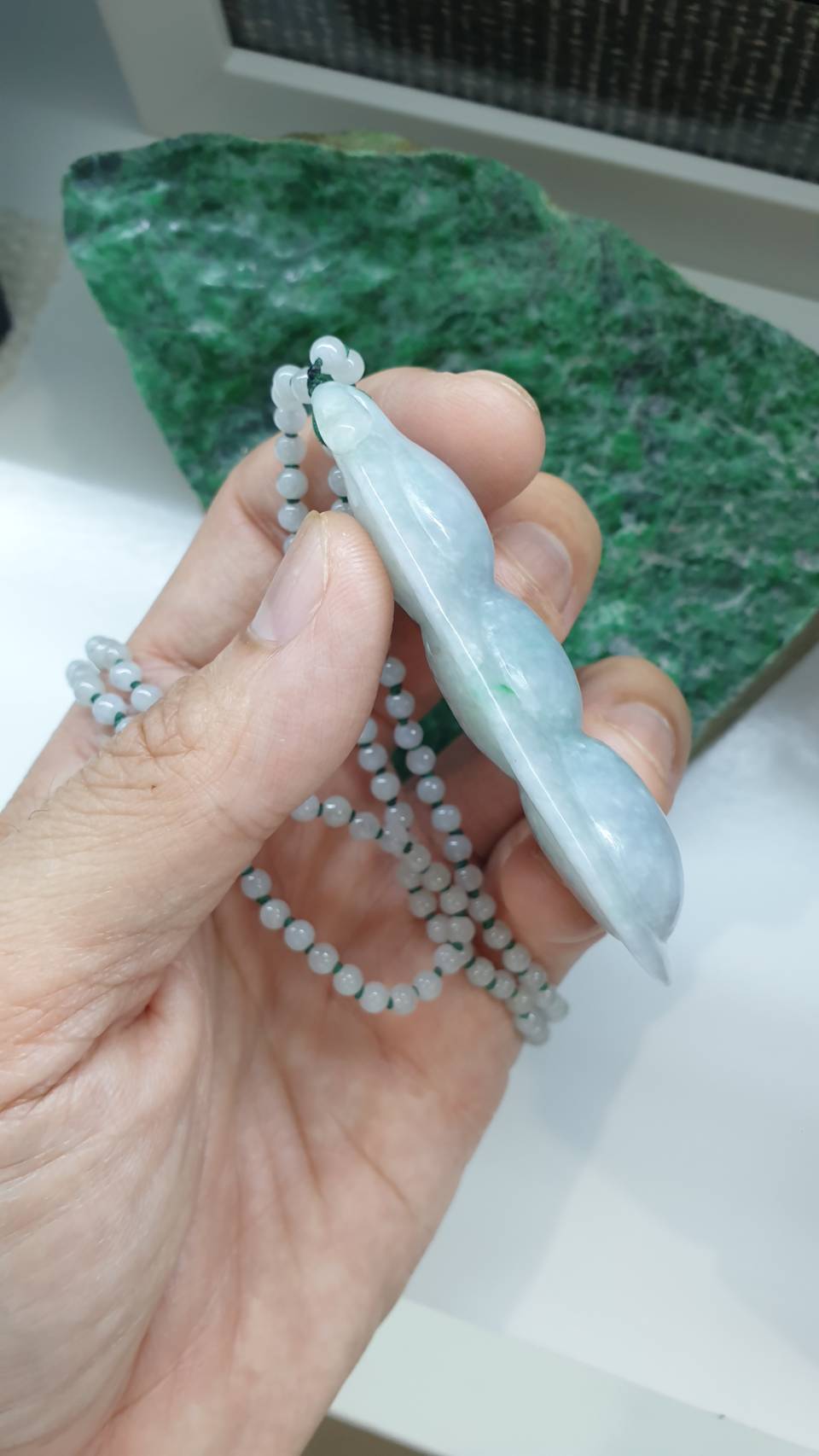 Peapod on White Jade Beaded Necklace 24inch Type A Natural Myanmar Jadeite