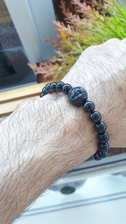 Black Jade Buddha Peace Bracelets 17cm Natural Burma Jadeite 8mm Beads