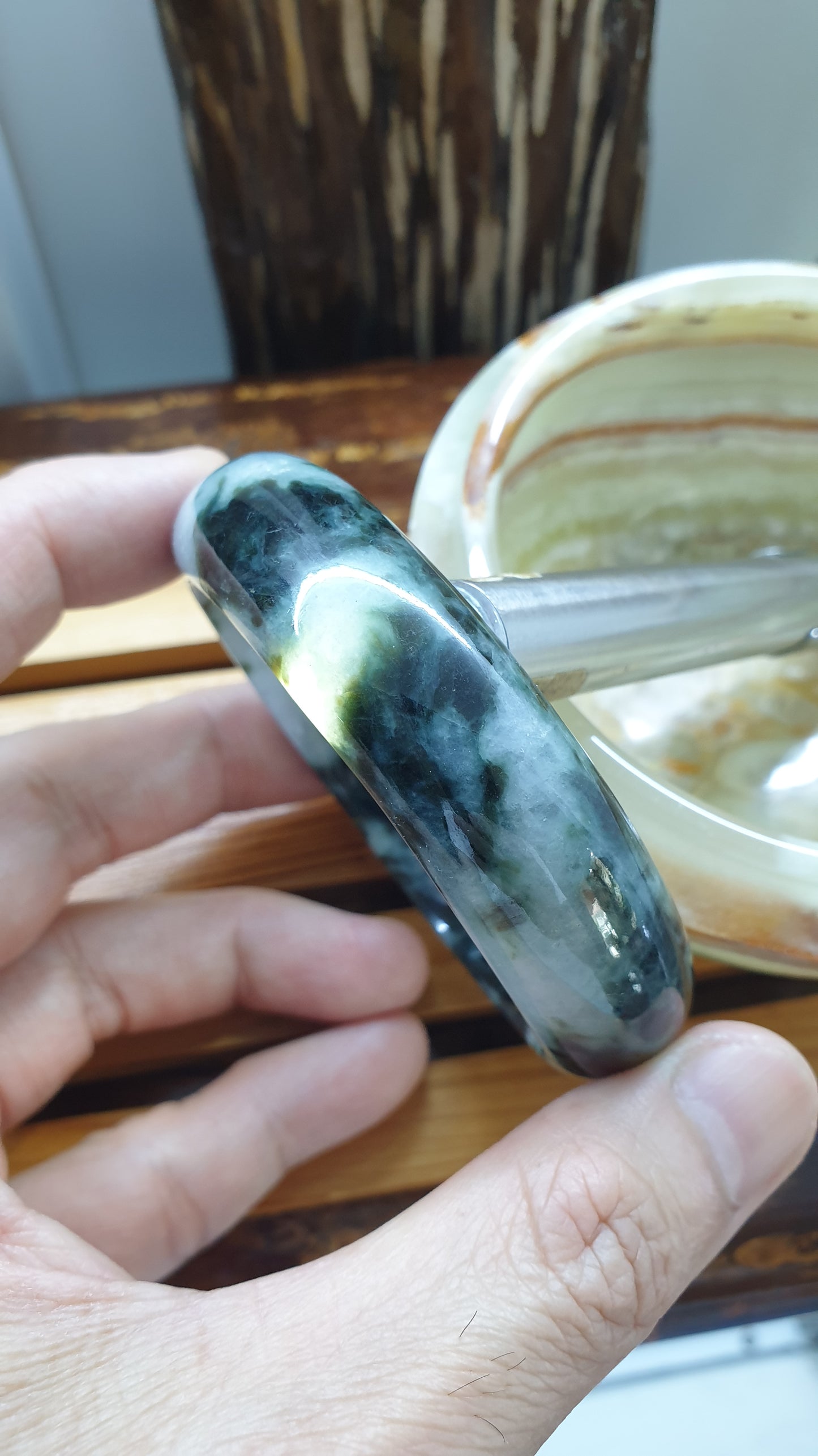 Jade Vintage Bangle S59 Black Moss Green Fei Cui Type A Myanmar Jadeite