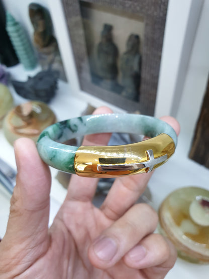 Jade Bangle with Solid 14K Gold Cross S58 Type A Natural Jadeite