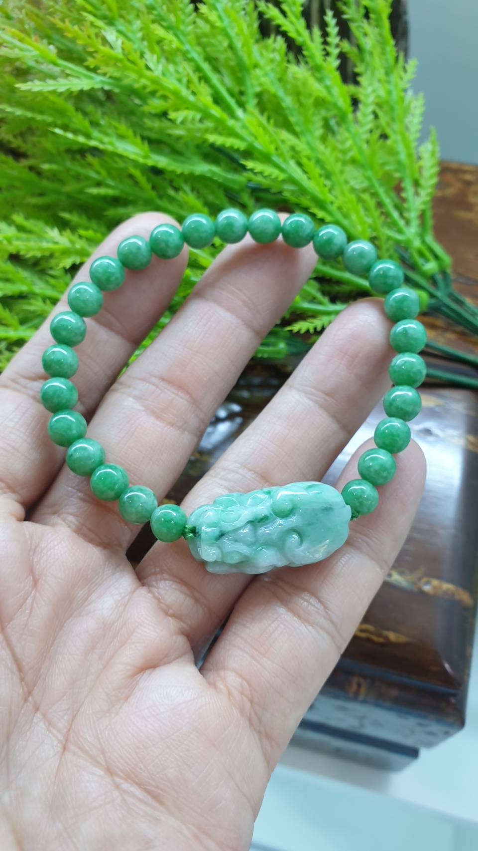Jade Pixiu 17cm Bracelet - Type A Jadeite in Moss in Snow and Apple Green