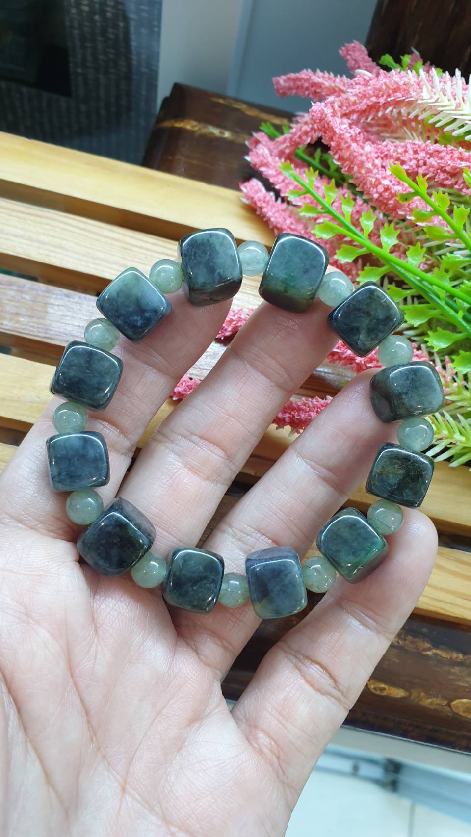 Cube Mabled Black Jade Bracelet 17cm Type A Natural Jadeite Spaced Beads