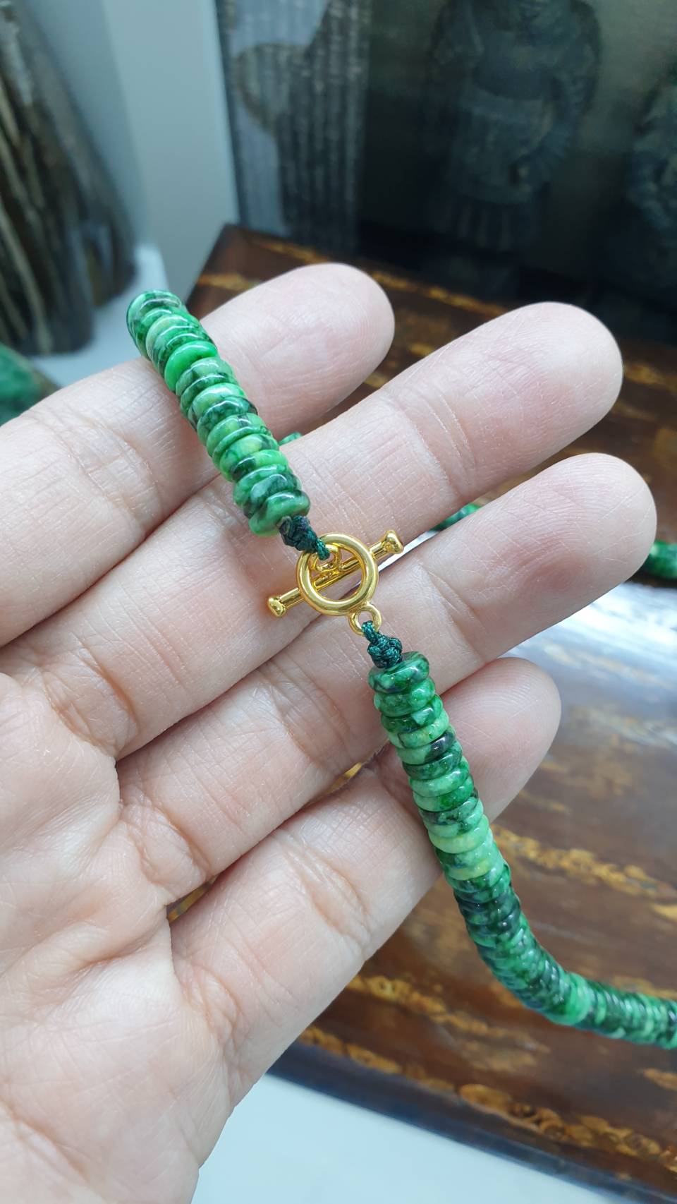 Jade Ping An Kou Disc Beads Necklace (16") | 9K Gold Toggle | Type A Natural Jadeite