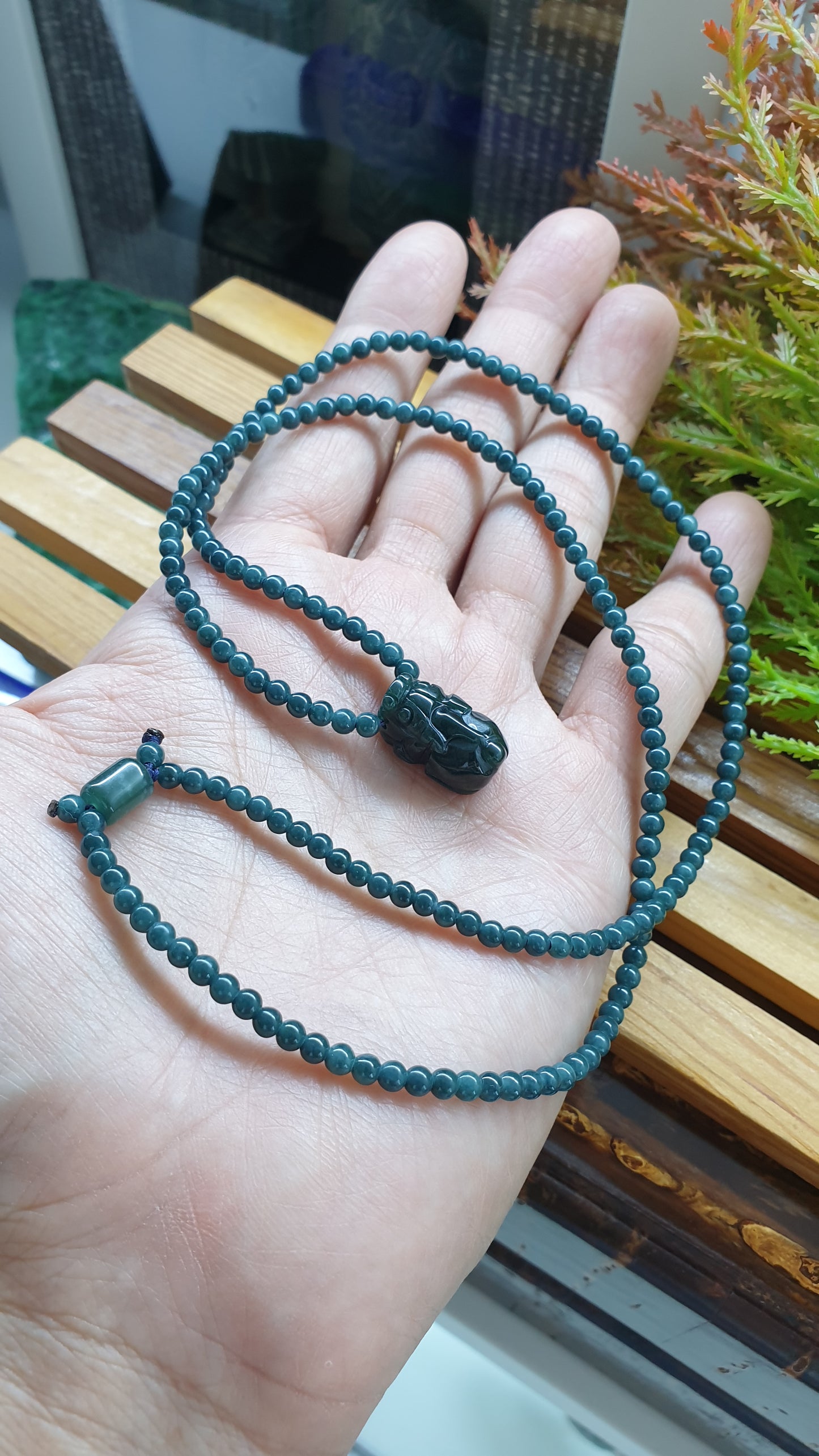 Jade Pixiu Necklace 24inch Type A Lavender Blue Jadeite Beads