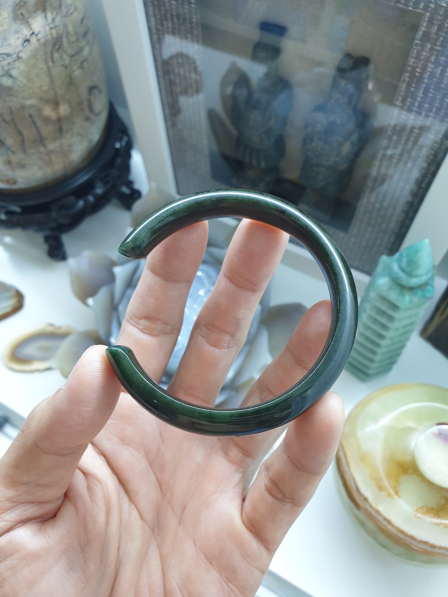 Jade Cuff Bangle Size 58 - 59 Type A - Natural Black-Green Jadeite