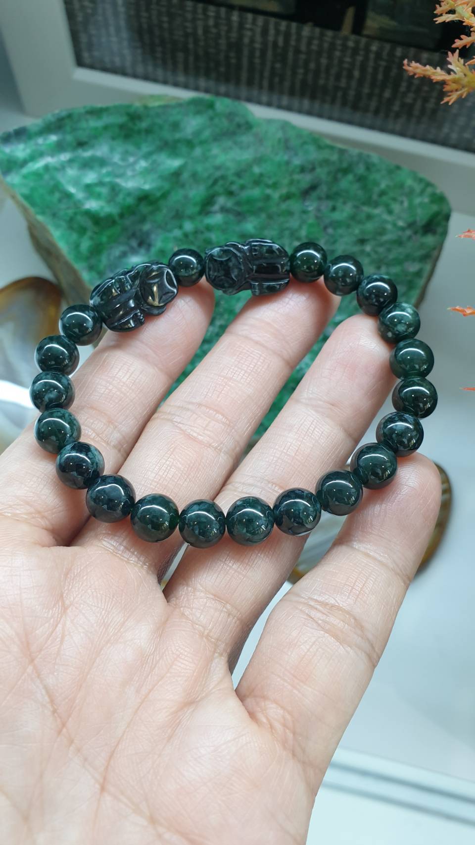 Blue Jade Pixiu Bracelet 17cm with Type A Natural Jadeite Beads