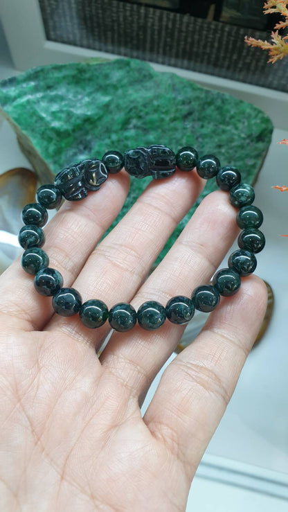 Blue Jade Pixiu Bracelet 17cm with Type A Natural Jadeite Beads