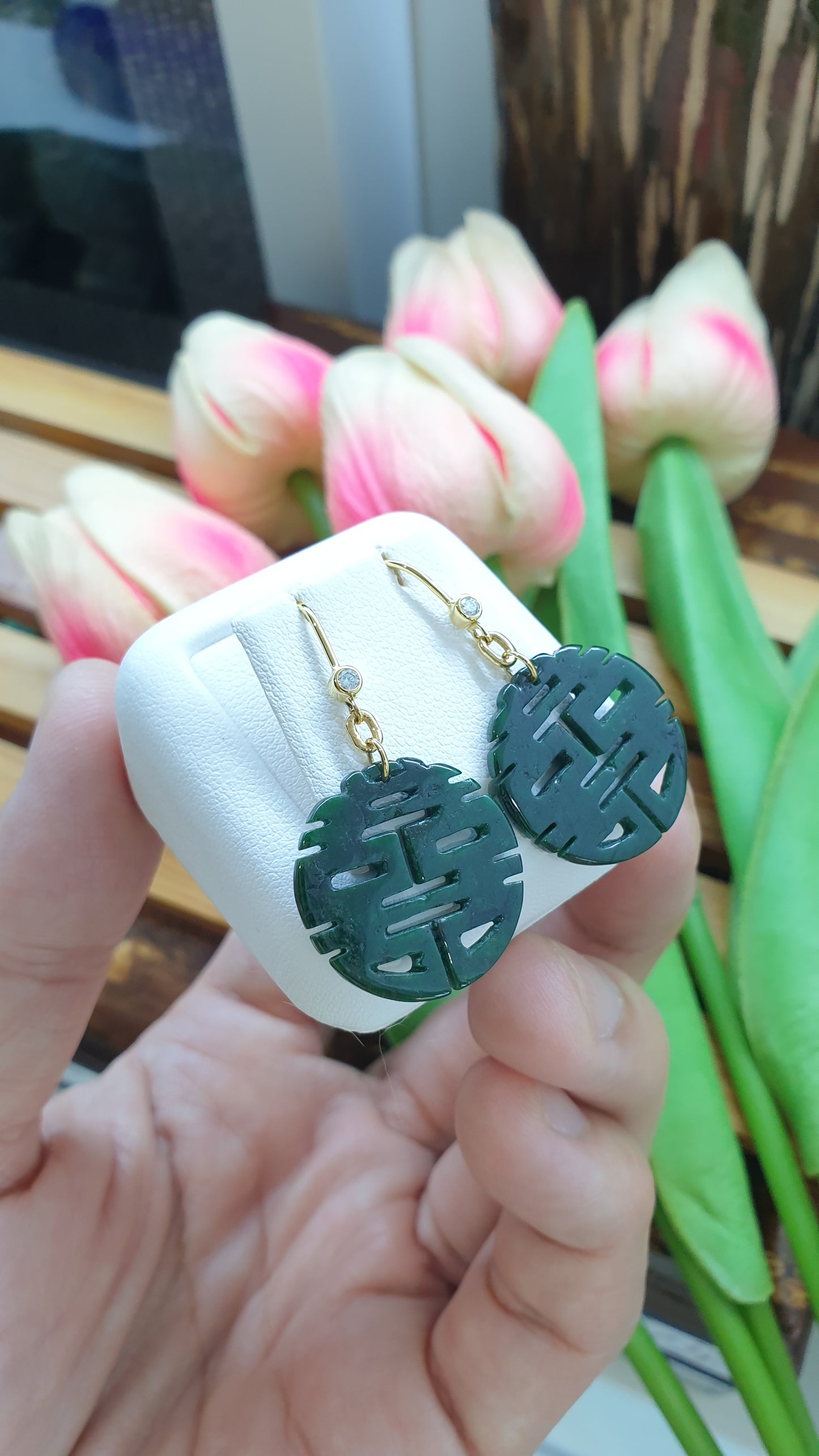 18K Gold Jade Double Happiness Hook Earrings Fei Cui Natural Jadeite