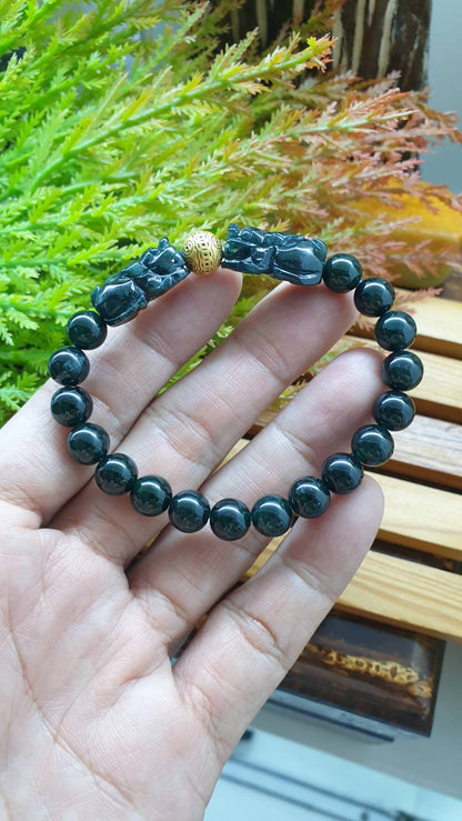 24K Gold Money Bead Ocean Blue Jade Pixiu Bracelet 17cm Type A Natural Jadeite