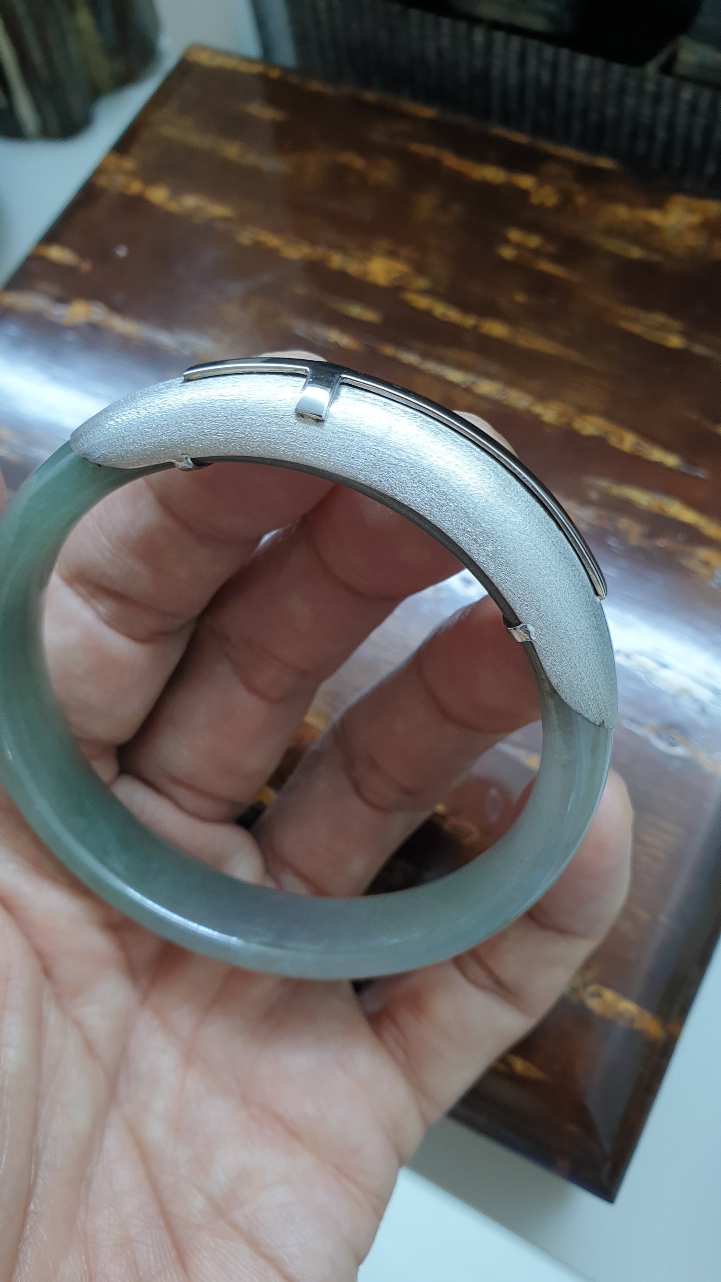 Elegant Cross on Jade Bangle (S 56 - 57) | Fei Cui Type A Jadeite & Sterling Silver | Statement Wrist Accessory