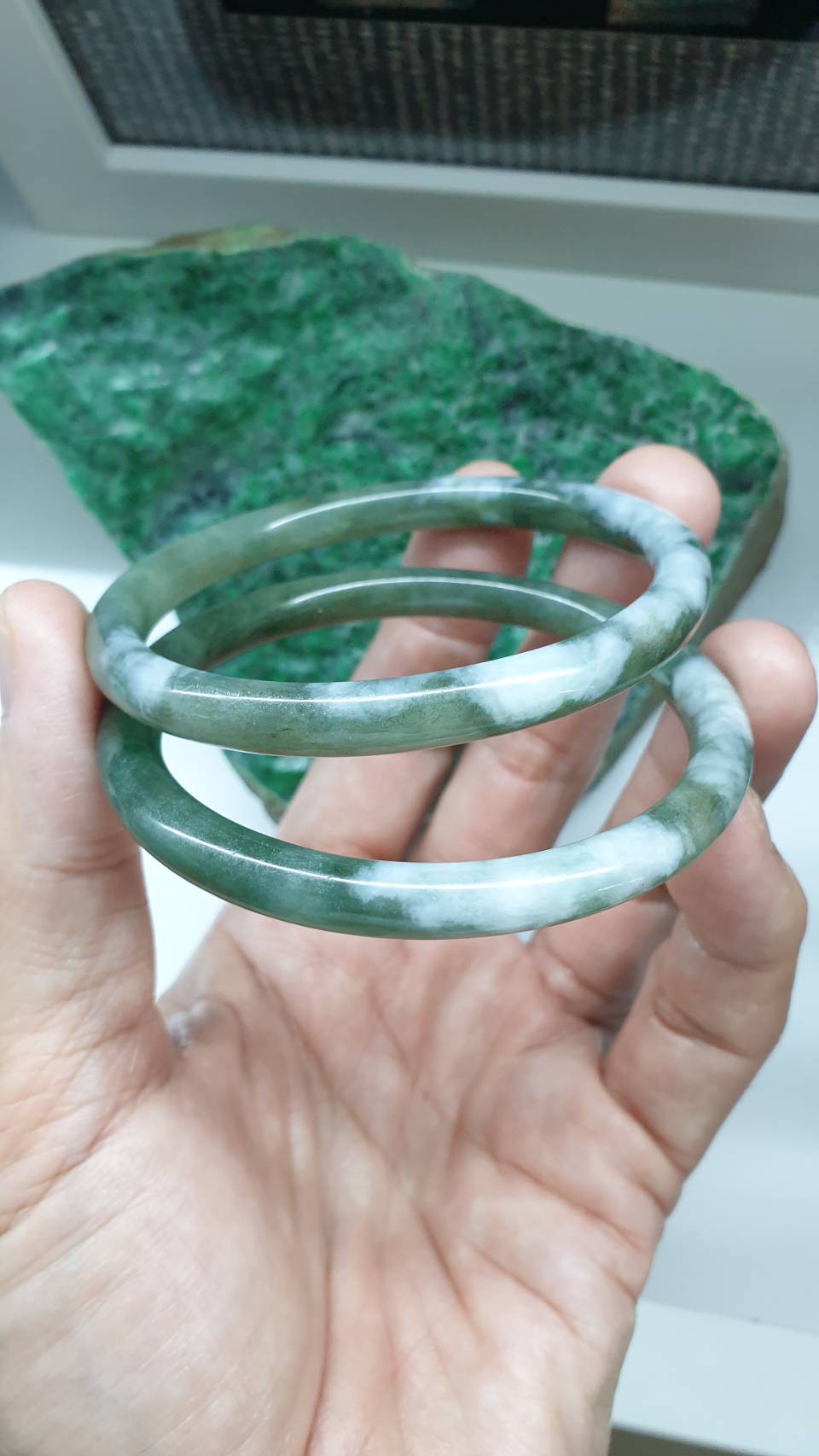 Paired Cylindrical Jade Bangles S58.5 Type A Marbled Green Myanmar Jadeite
