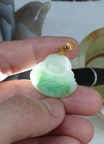 Moss in Snow Jade Happy Buddha Pendant | Solid 18K Gold | Wealth & Fortune Jewelry