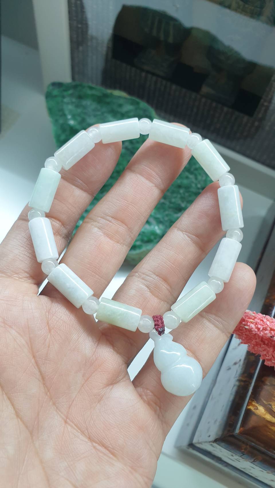 Jade Wu Lou Bracelet 18cm Silky White Type A Natural Myanmar Jadeite Cylinder Beads