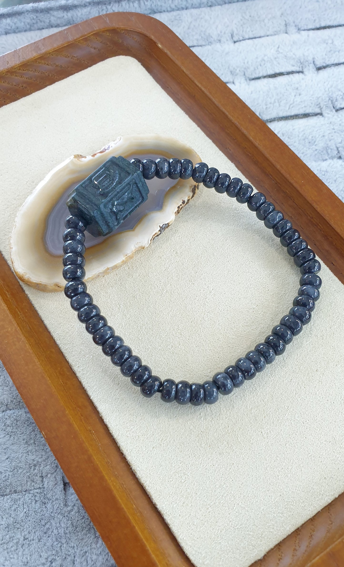 Type A Black Jade Mani Mantra Bracelet 17cm with Om Mani Padme Hum Charms