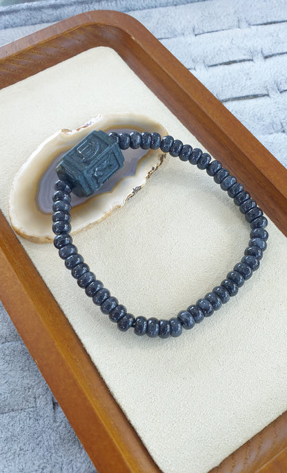 Type A Black Jade Mani Mantra Bracelet 17cm with Om Mani Padme Hum Charms