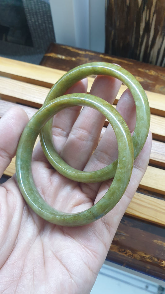 Paired Honey Green Jade Bangles S59 Vintage Type A Myanmar Jadeite