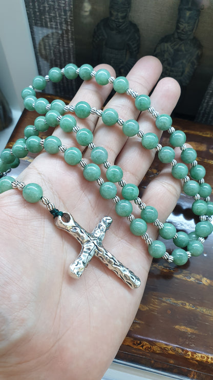 Green Jade Beads Rosary Necklace (33 inch) |Type A Natural Jadeite + Sterling Silver | Collector's Material