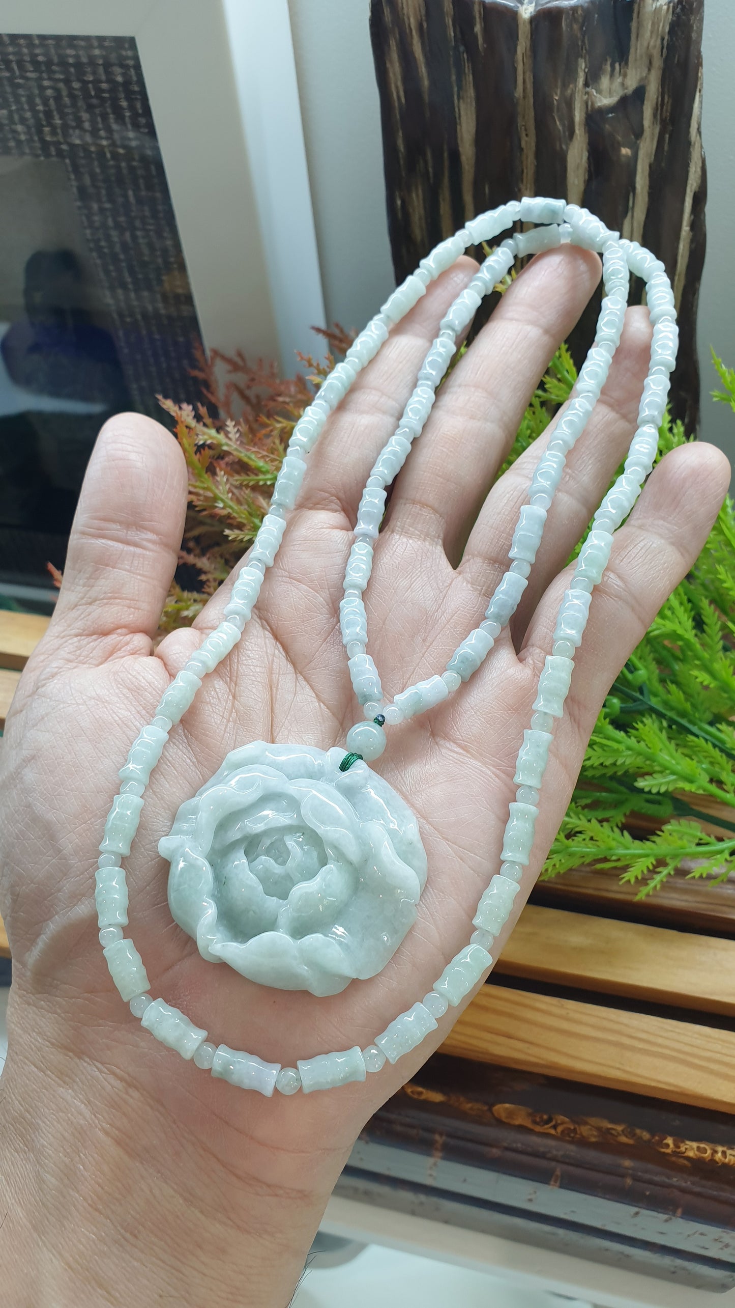Peony and Bamboo Beads White Jade Necklace 26inch Type A Myanmar Jadeite