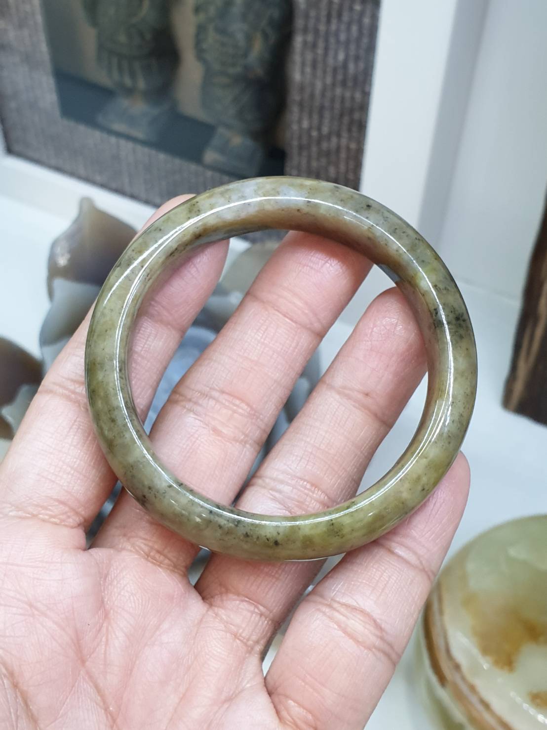 Honey Gray Jade Bangle S53 Speckled Type A Natural Myanmar Jadeite