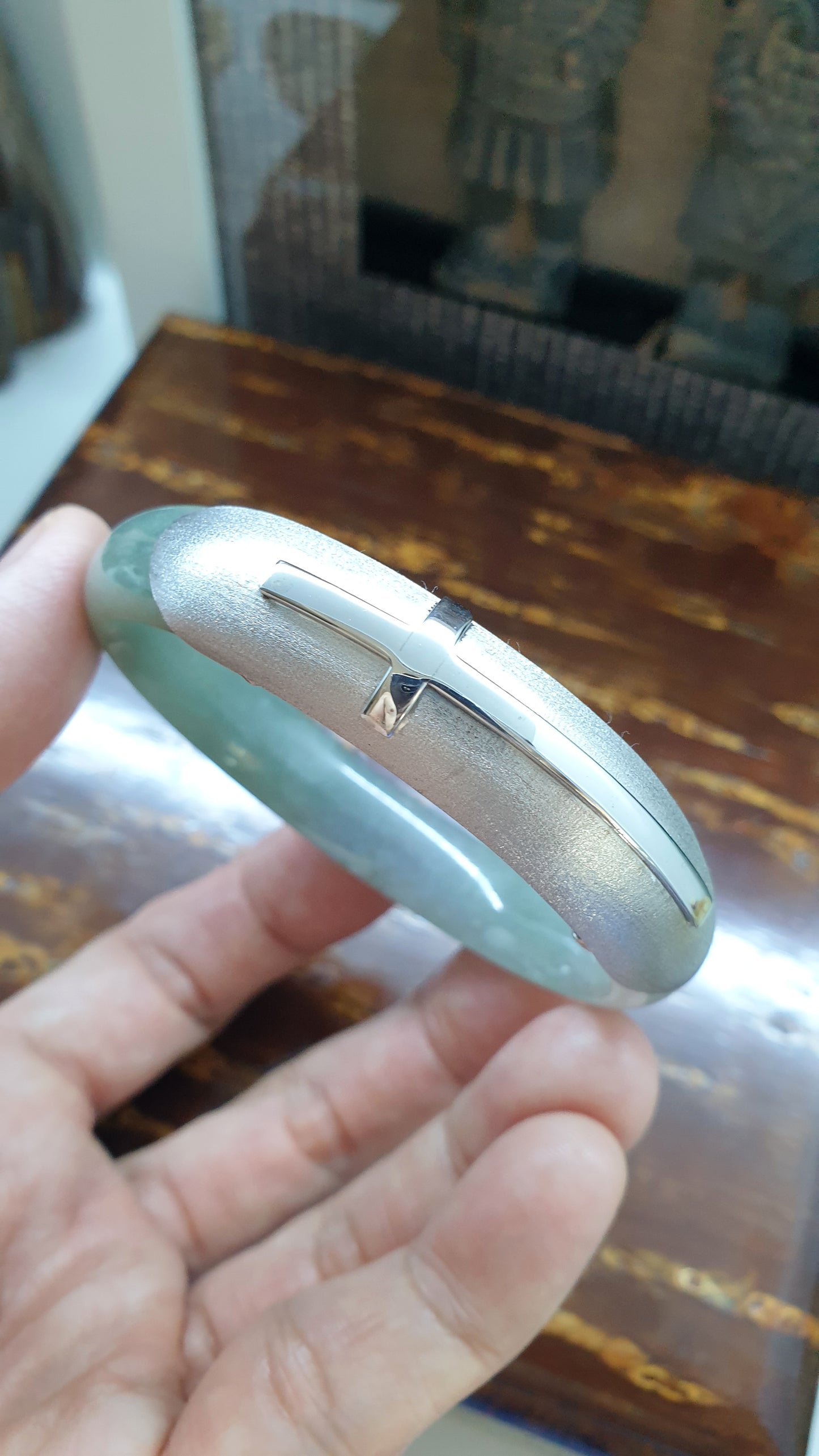 Elegant Cross on Jade Bangle (S 56 - 57) | Fei Cui Type A Jadeite & Sterling Silver | Statement Wrist Accessory