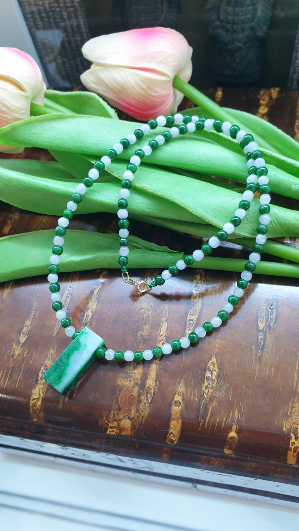 Jade & Mawsitsit Choker (16") | 9K Gold Lobster Lock | Type A - Natural Jadeite