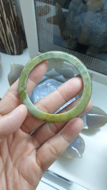Honey Green Jade Slim Bangle S58.5 Myanmar Type A Jadeite 4.5mm Width