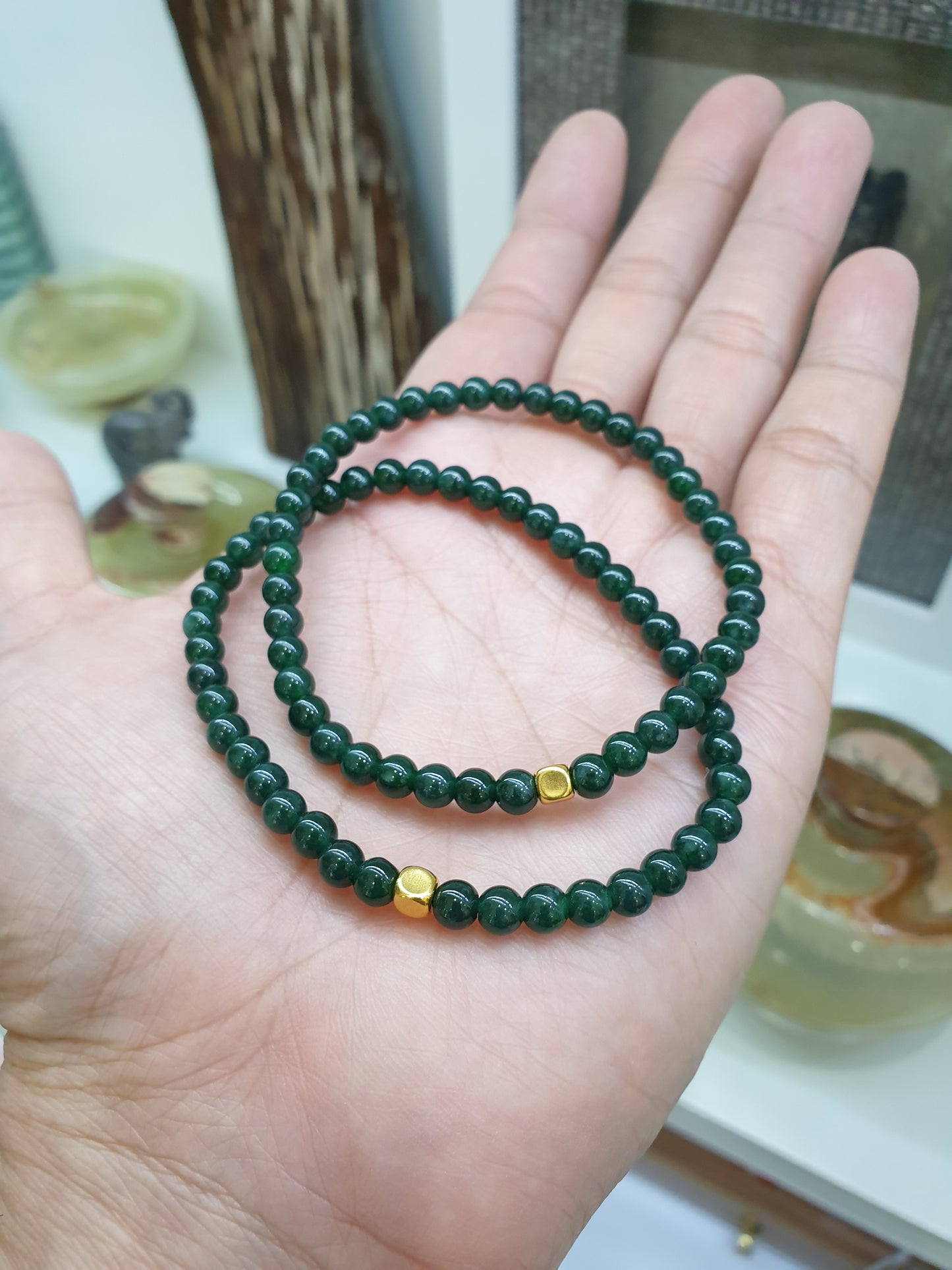 Mininalist Jade Bracelet | 24K Gold Cube | Type A Natural Greenish Blue Jadeite Beads