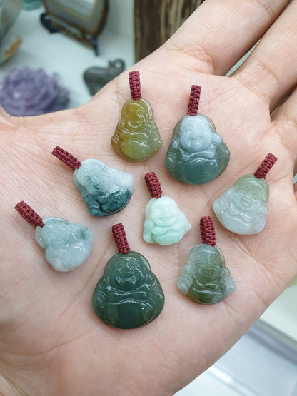 Jade Happy Buddha Pendant | Fei Cui - Type A Jadeite | Handwoven Thread Bail
