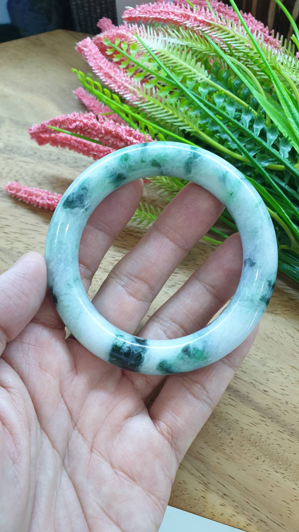 Jade Cylindrical Bangle S57.5 Marbled Green Fei Cui Type A Natural Jadeite