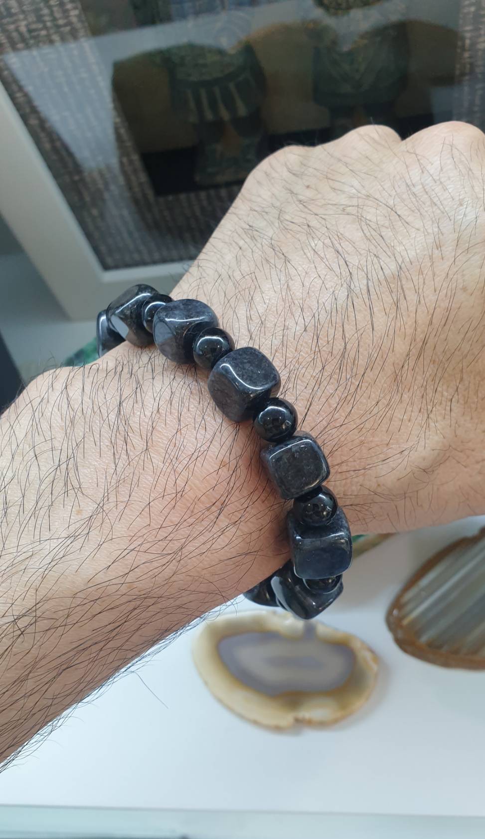 Natural Black Jadeite 18cm Bracelet Myanmar Jade with Cube and Round Beads