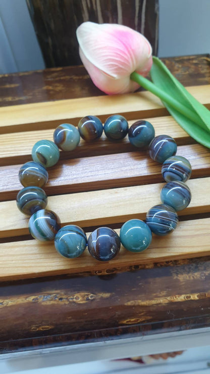 Blue Onyx Bracelets 17cm, Natural Gemstone Beads 14mm