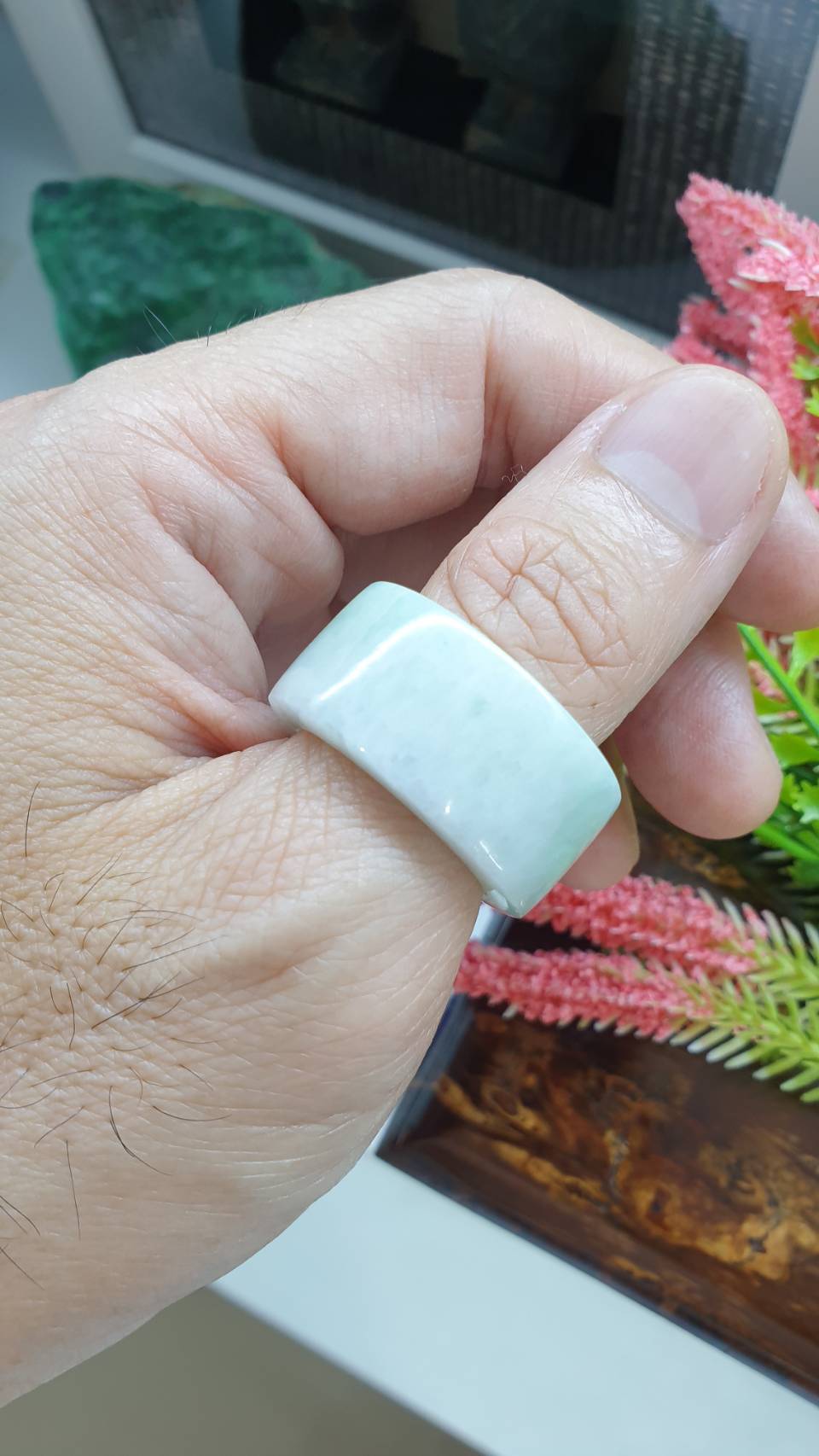Misty White Green Jade Archers Ring 11.5US Type A Natural Myanmar Jadeite