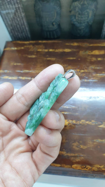 Village Scene Jade Pendant | Fei Cui - Type A Jadeite | Sterling Silver Bail