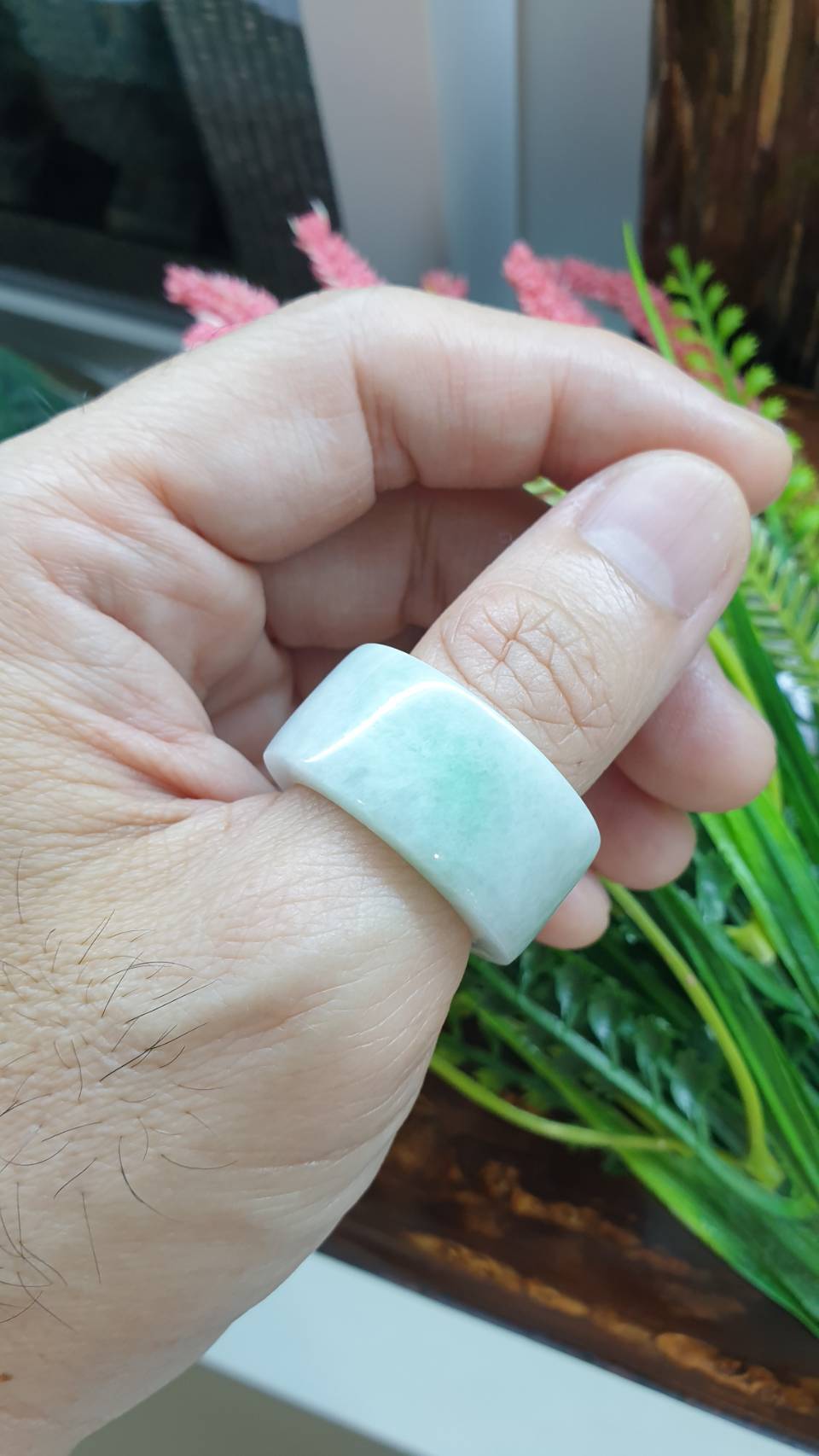 Misty White Green Jade Archers Ring 11.5US Type A Natural Myanmar Jadeite