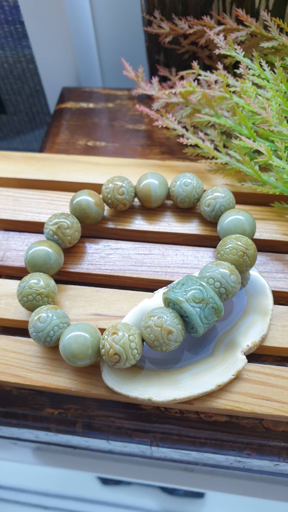 Golden Green Jade Ru Yi Bracelet 17cm Type A Natural Two Tone Jadeite Alternate Beads